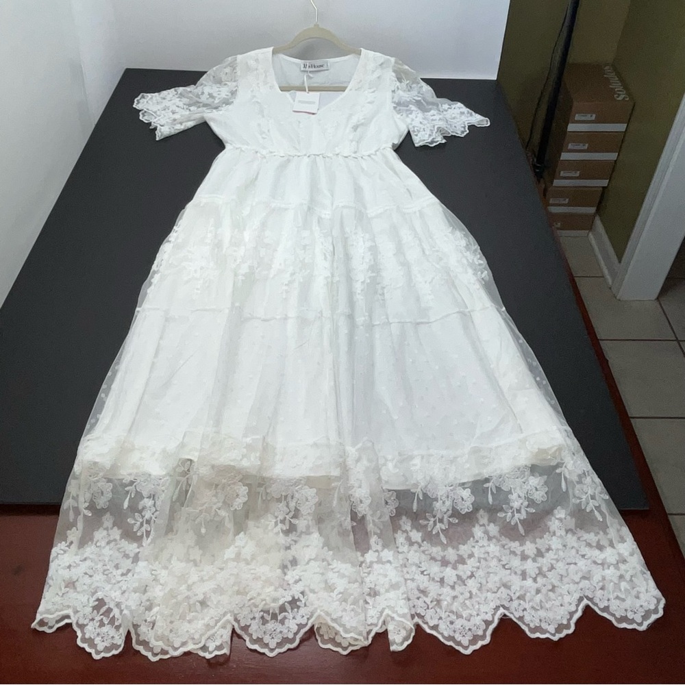 JJ's House Flower Ruffle V-Neck A-line Lace Maxi Dress #‎ 288443 White Large NEW - Picture 11 of 14